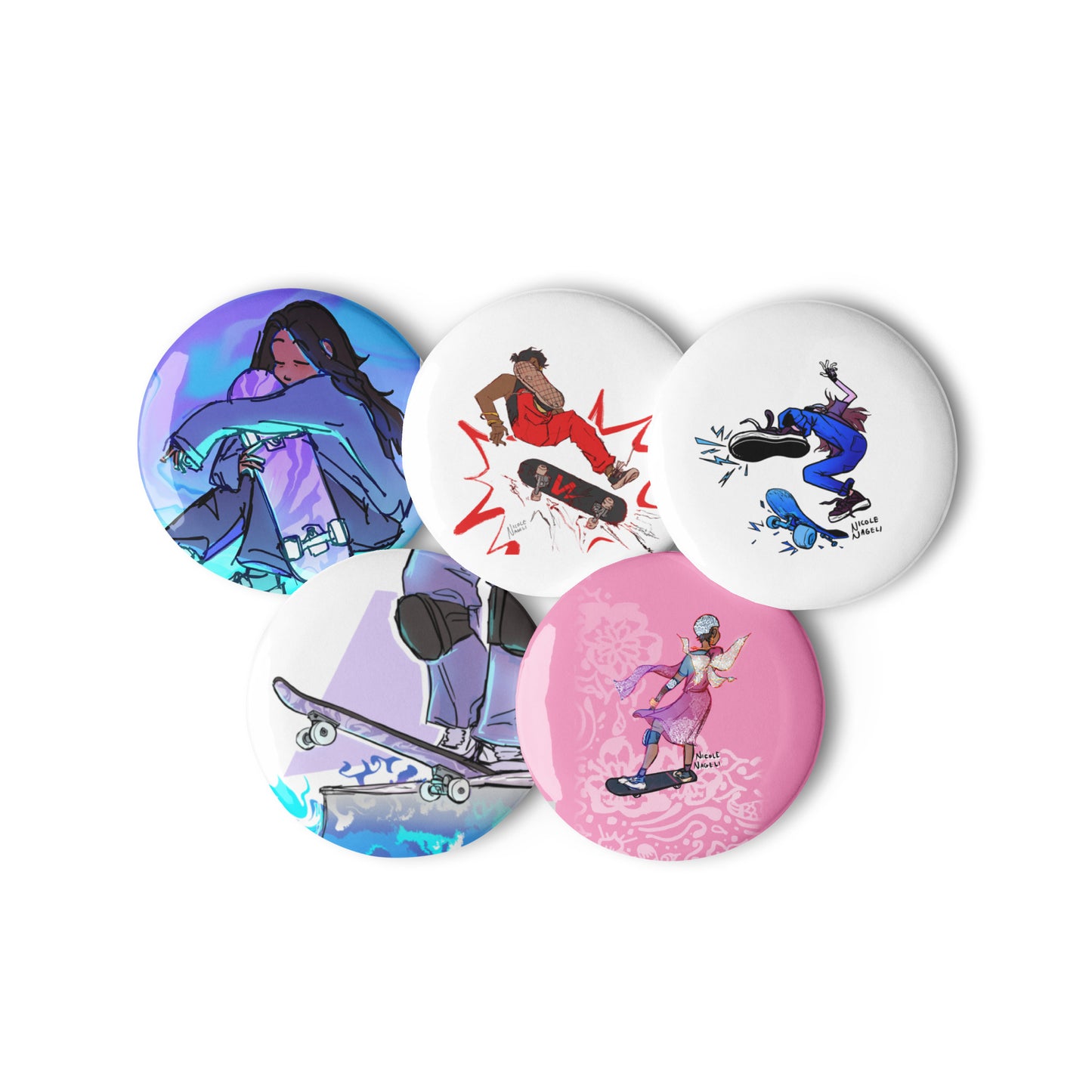 Set of Skateboarder pin buttons